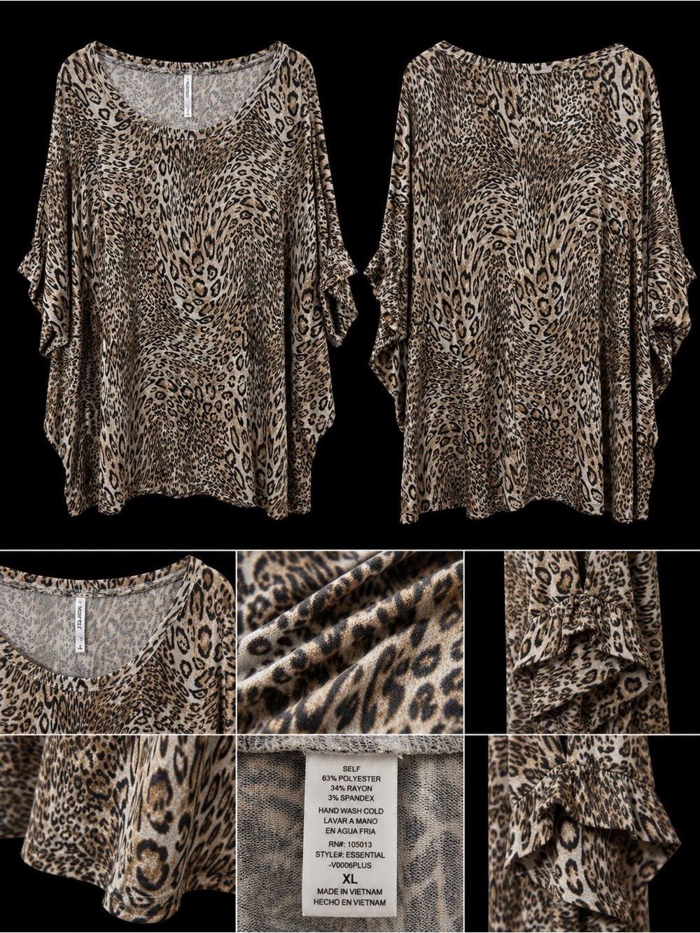 🆕 Leopard Print Stretch Oversized Plus Size Top Boutique Dolman Sleeve XL 2X 3X - Picture 2 of 4